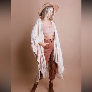 BEIGE Open Knit Boho Frayed Ruana